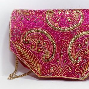 Bright Pink Sequence and Embroidered Clutch with Gold Shoulder Chain